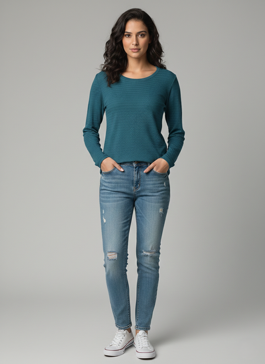 Deep Ocean Textured Long-Sleeve Top