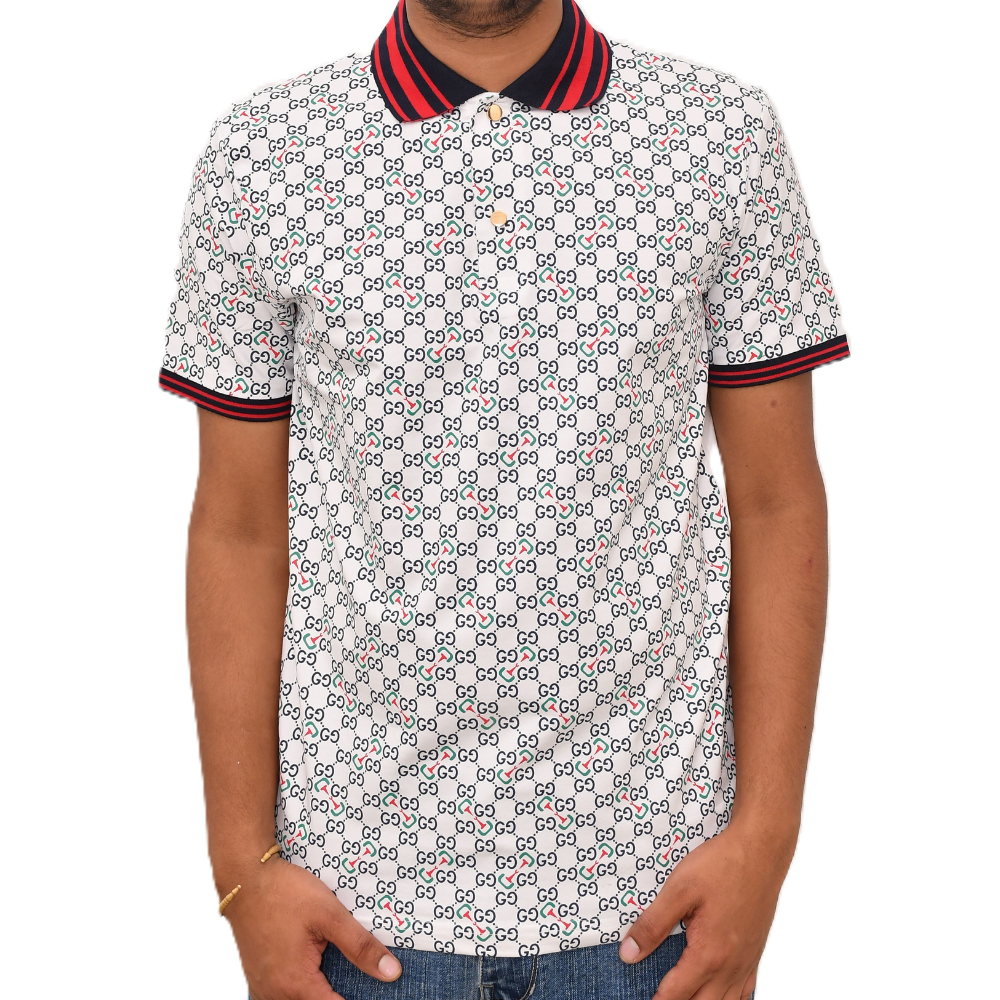 Make a statement. Iconic print with a sharp, striped collar.