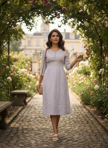 Mauve Floral Button-Down Smocked Waist Dress