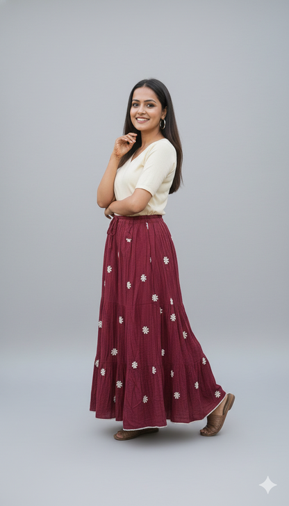 Elegant Maroon Floral Tiered Maxi Skirt