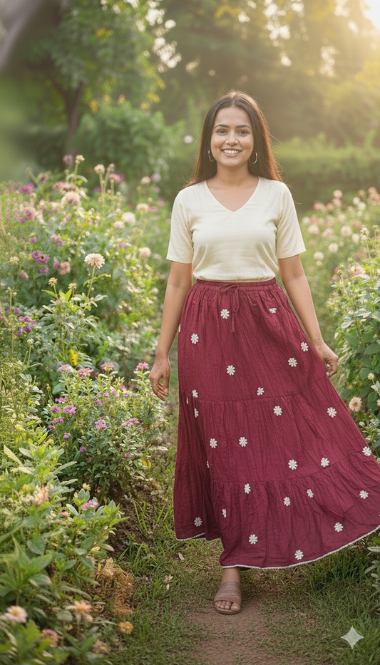 Elegant Maroon Floral Tiered Maxi Skirt