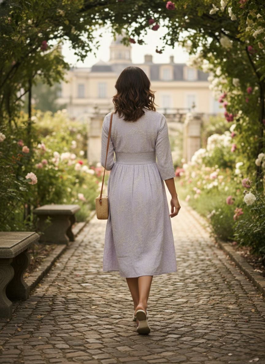 Mauve Floral Button-Down Smocked Waist Dress