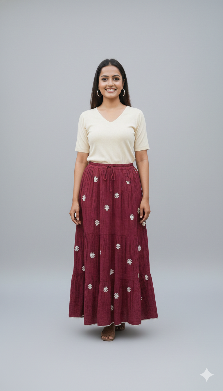 Elegant Maroon Floral Tiered Maxi Skirt