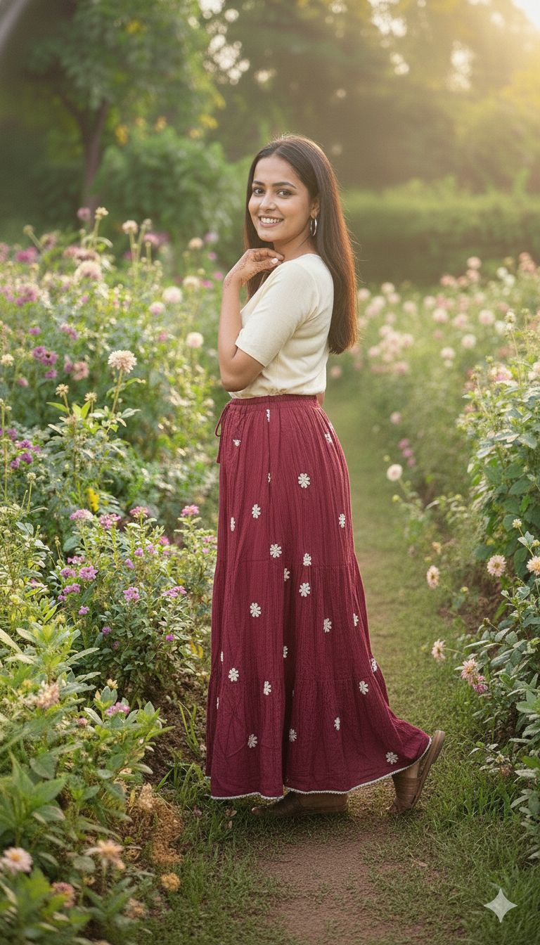 Elegant Maroon Floral Tiered Maxi Skirt