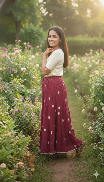 Elegant Maroon Floral Tiered Maxi Skirt